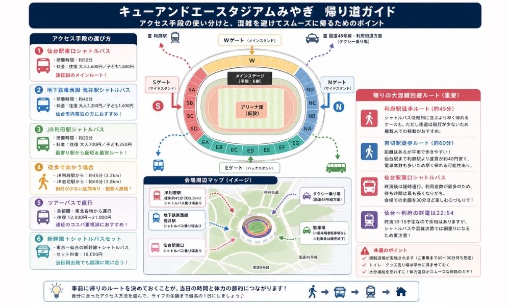 back number・キューアンドエースタジアムみやぎ アクセスマップ